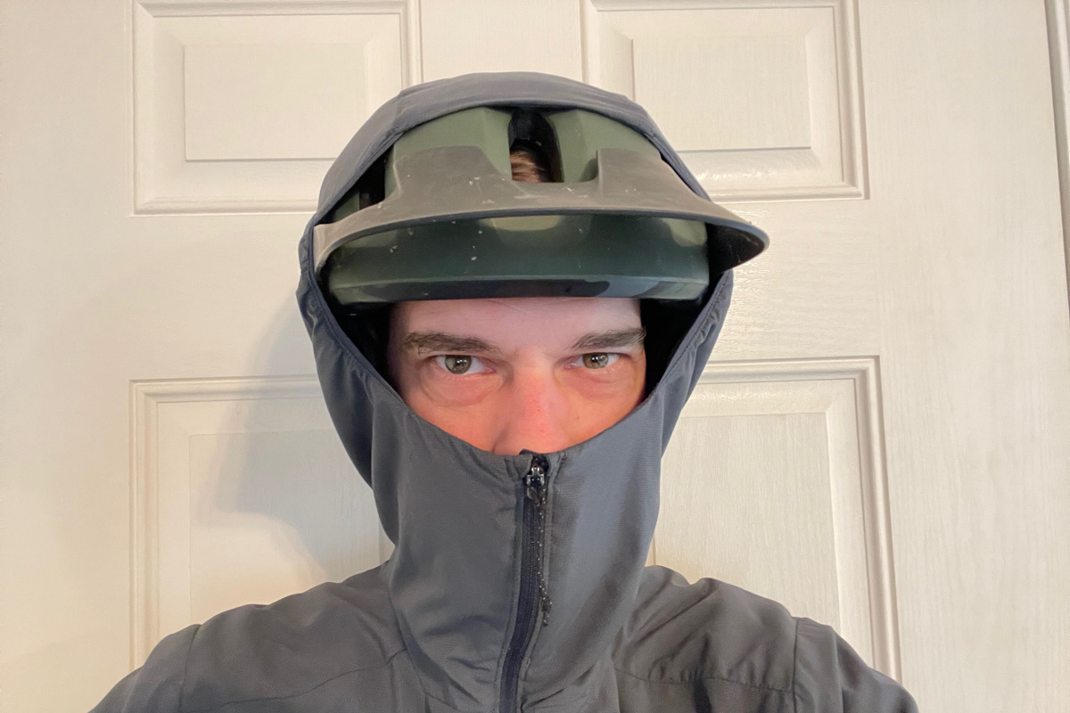 Patagonia Nano Air Ultralight hoody, hood over helmet