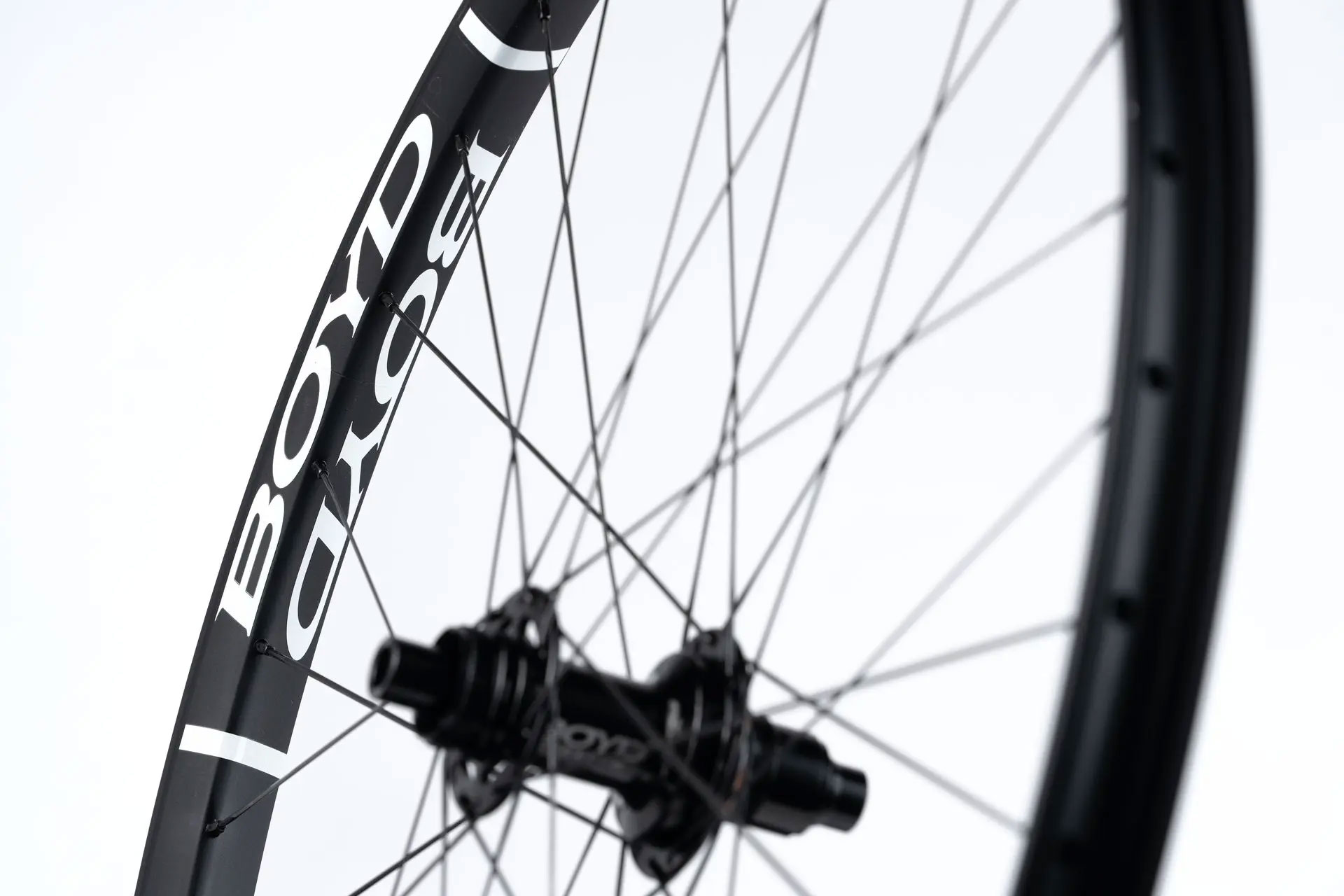 closeup details of boyd kanuga ff all-mountain alloy MTB wheelset.