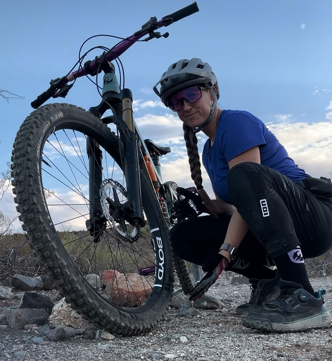 female rider with boyd kanuga ff all-mountain alloy MTB wheelset.