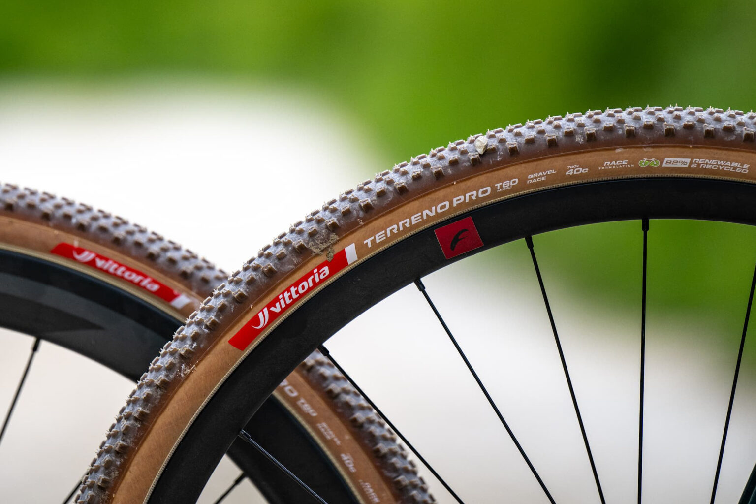 closeup details of new vittoria terreno pro gravel bike tires.