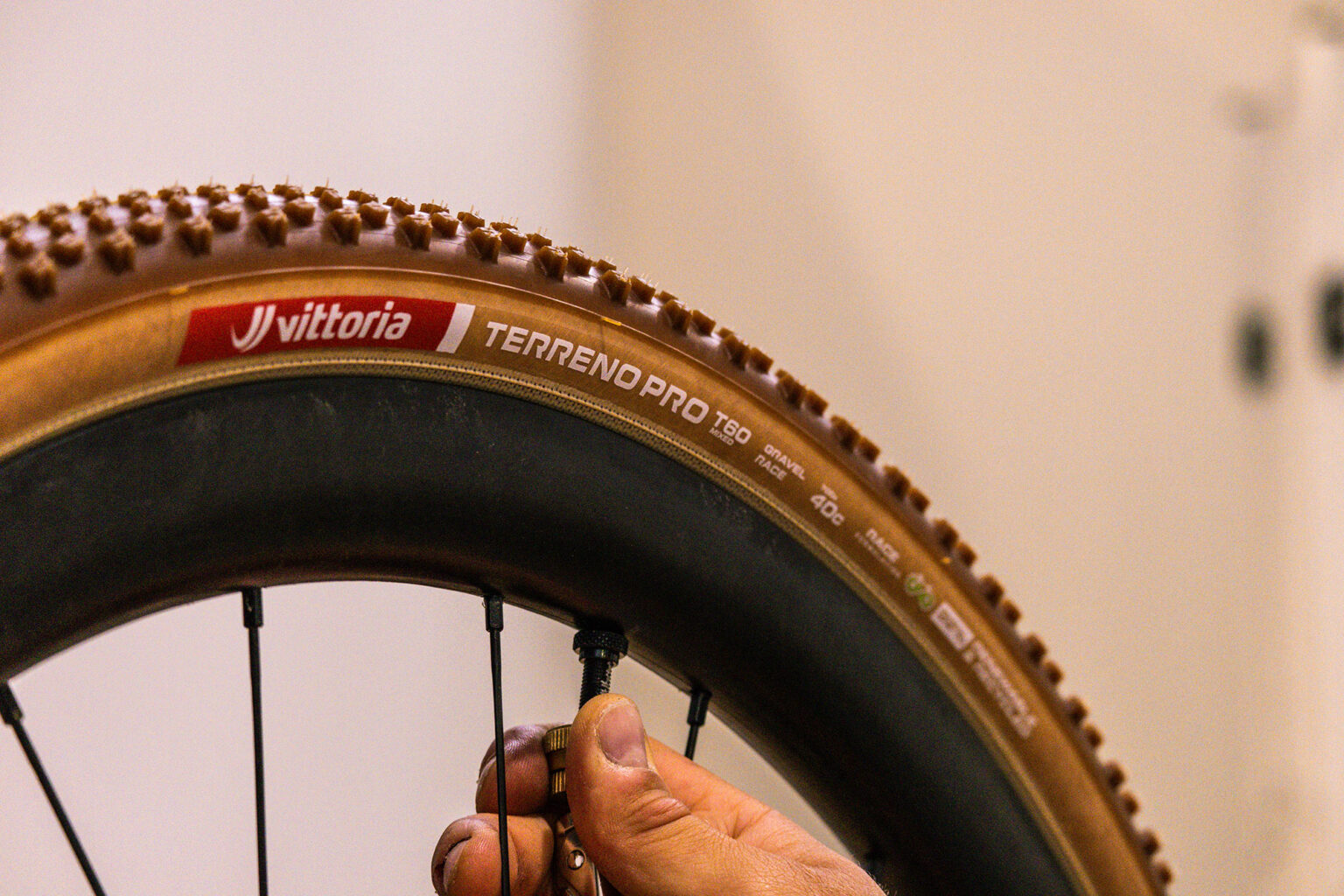 closeup details of new vittoria terreno pro gravel bike tires.