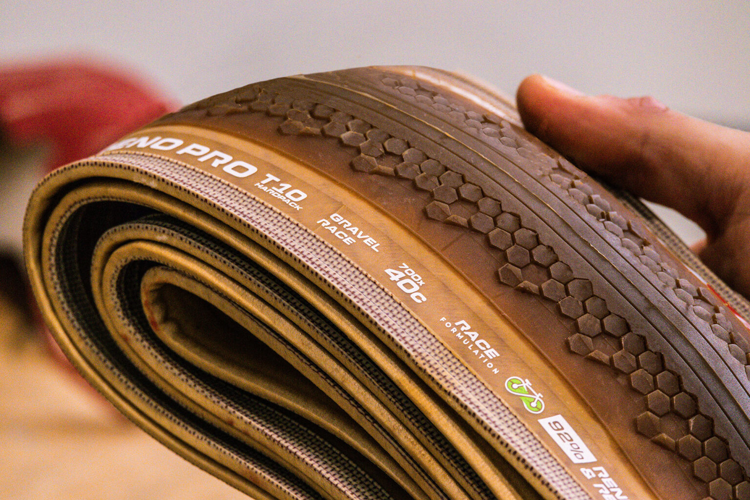 closeup details of new vittoria terreno pro gravel bike tires.