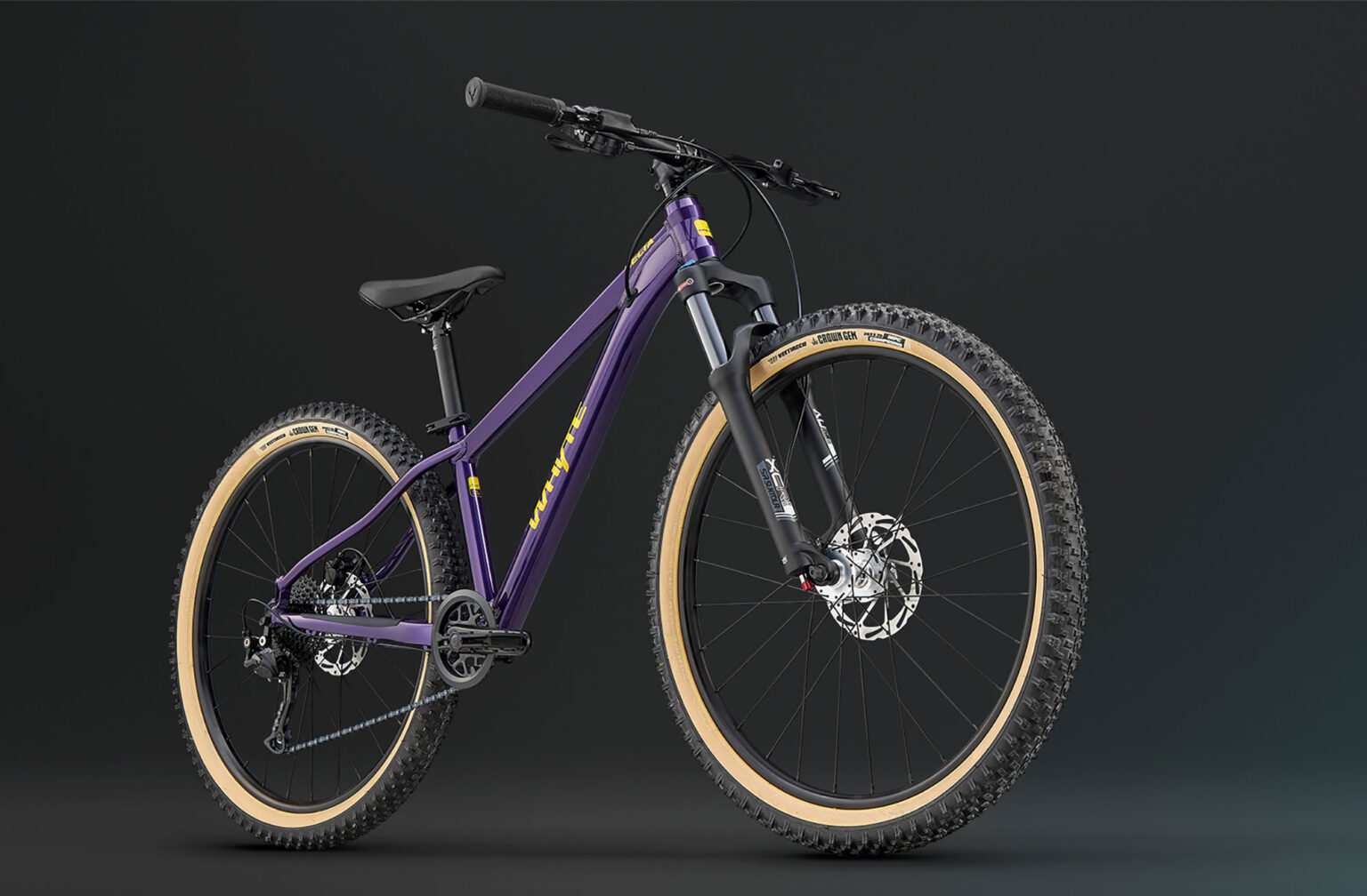 whyte bikes sects 26 hardtail youth mountain bike shown from front angle.