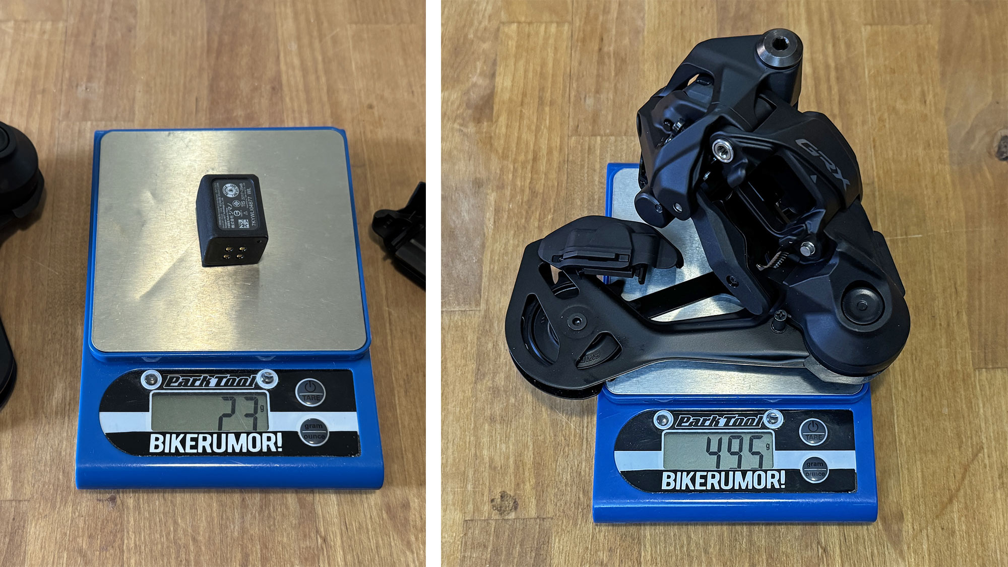 Shimano GRX Di2 RX710-series Actual Weights: 23g Di2 battery + 495g derailleur