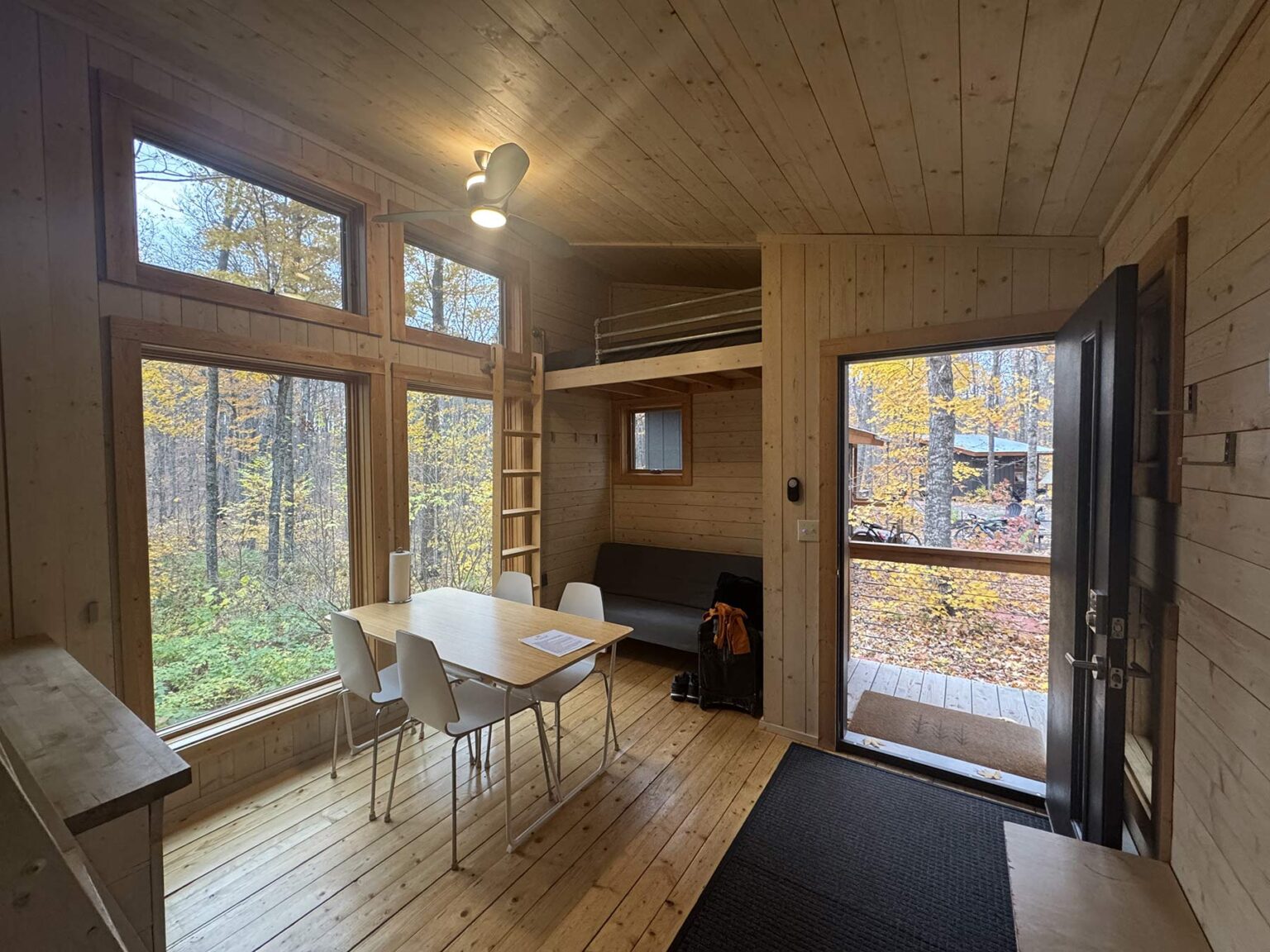 interior of roam base camp cabins in wisconsin.
