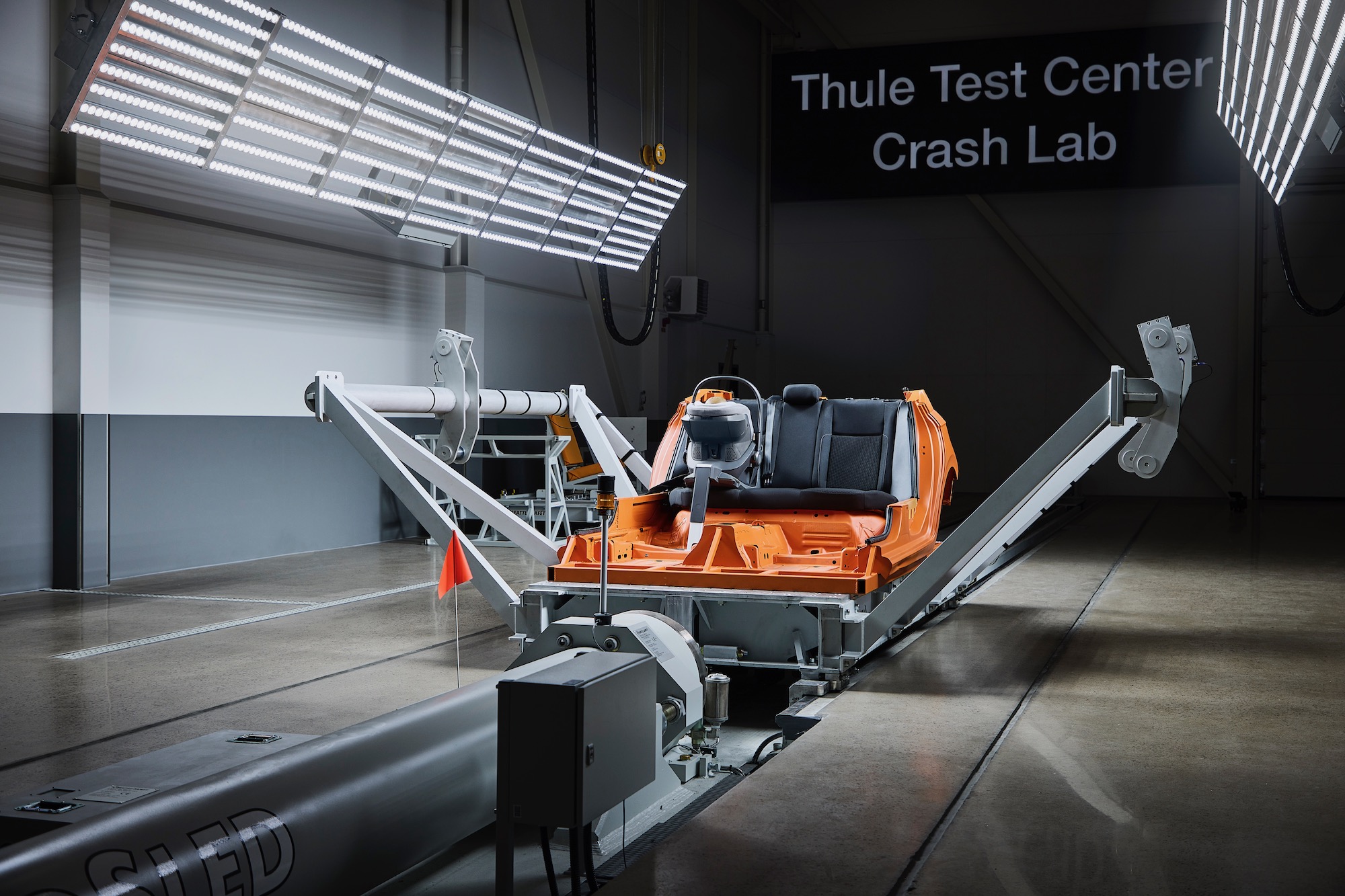 the crash test rig set up with a seats and child seat at the Thule Crash Lab