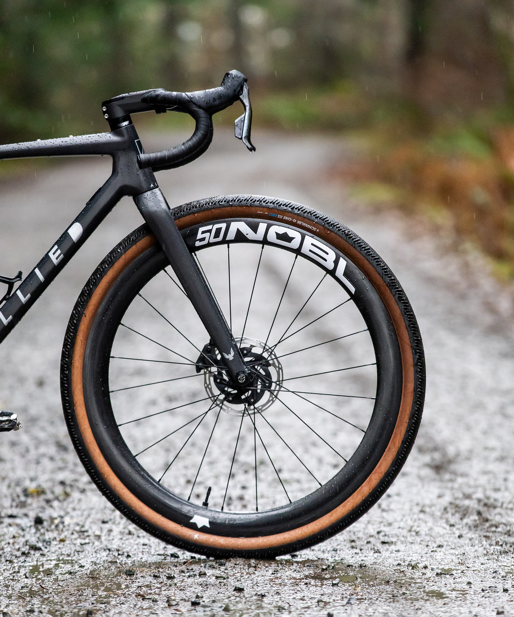 front of bike with nobl far series gravel wheels on it.