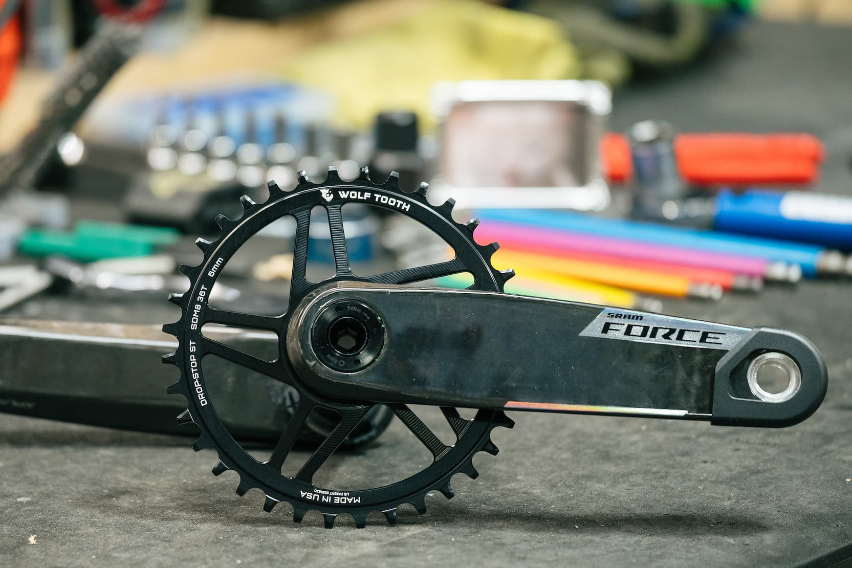 wolftooth 6mm offset chainring for SRAM 8-bolt cranksets.