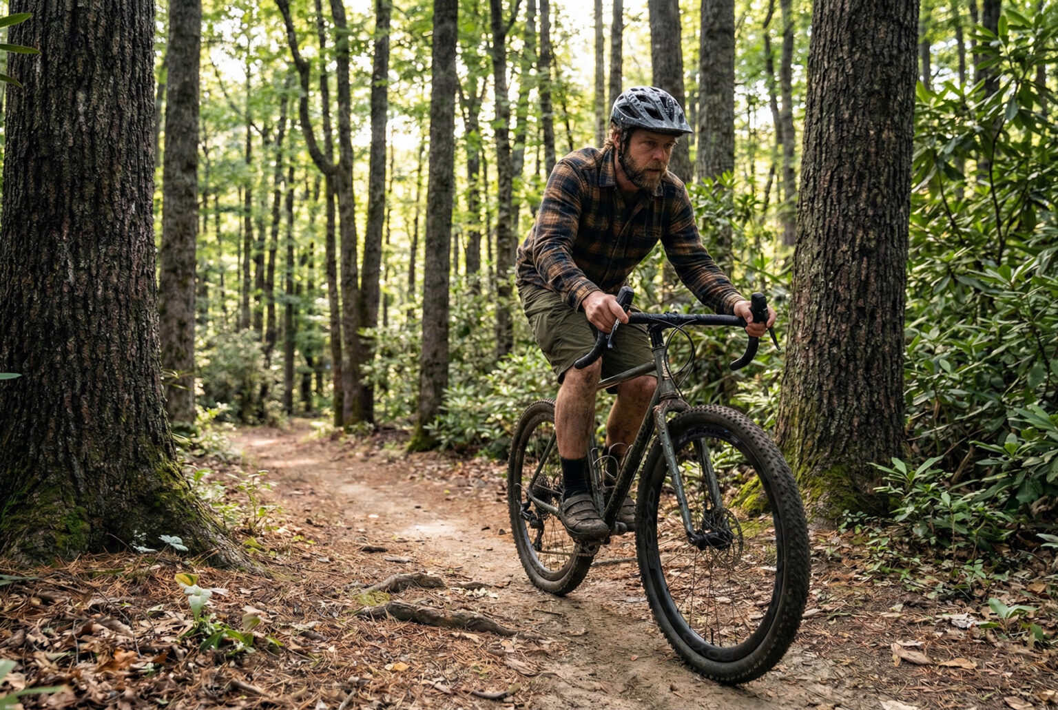 gravel cyclist riding on boyd reiver gravel wheels with mountain bike tires.