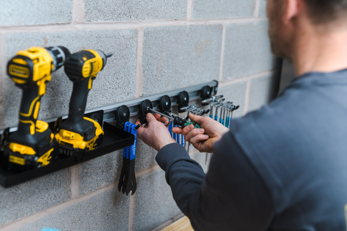 Stashed Products LodeStar rack system, rail on wall