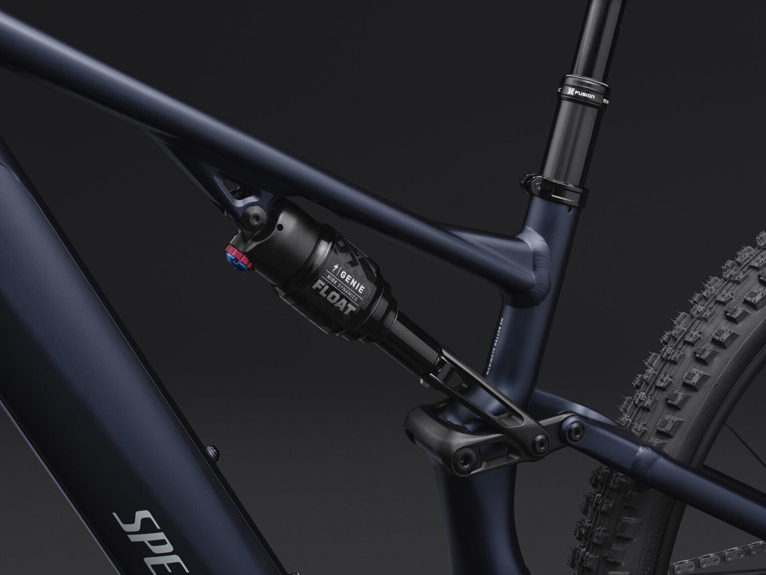 rear shock closeup on 2026 specialized turbo levo r alloy e-mountain bike.