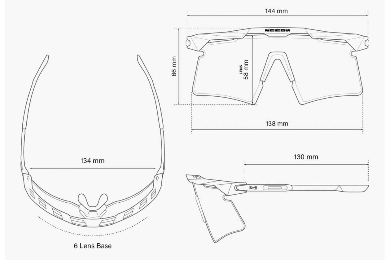 screenshot of the dimensions of the Aeroshade 2.0 sunglasses.