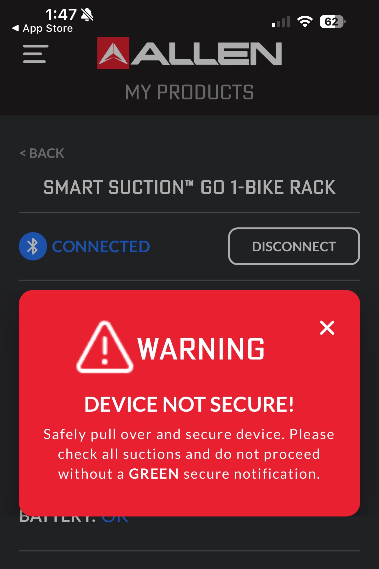 screenshot of the allen smart suction app showing a warning alert.