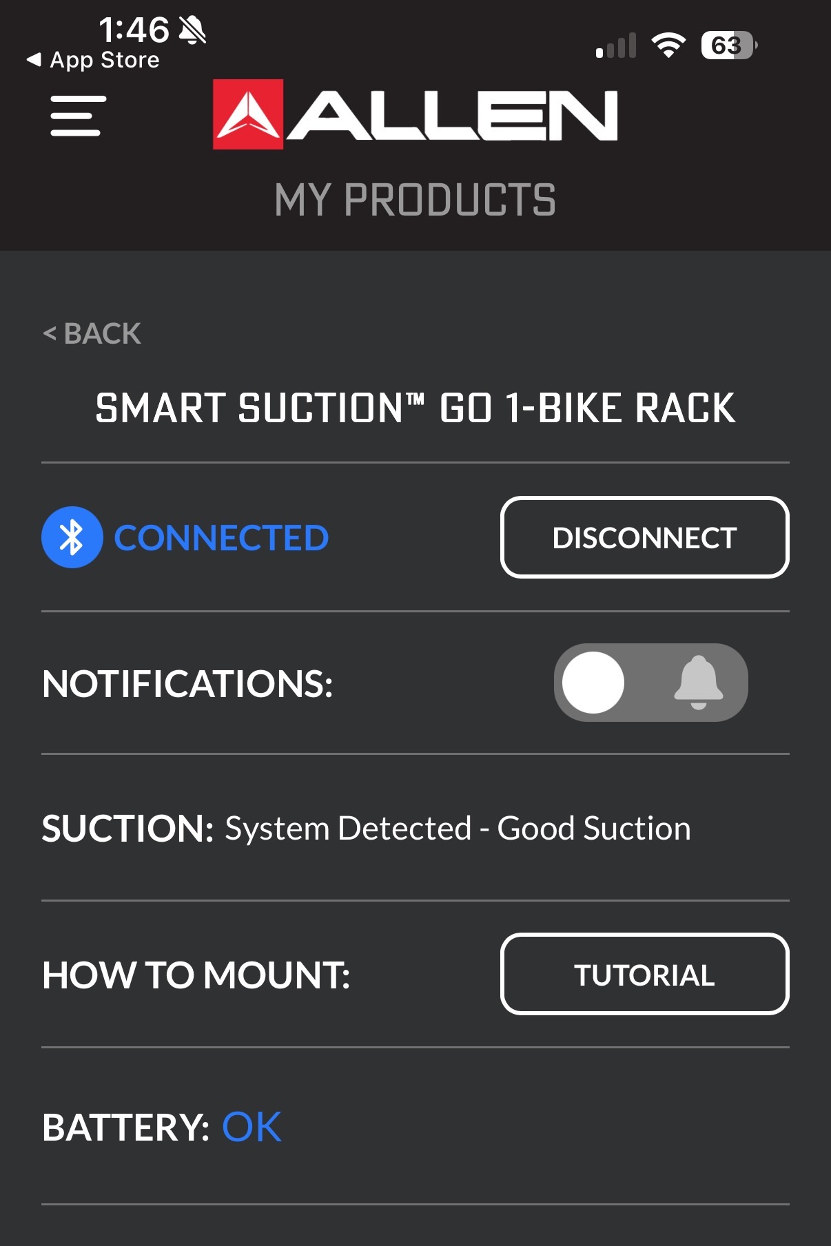 screenshot of the smart suction app connected to the bike rack