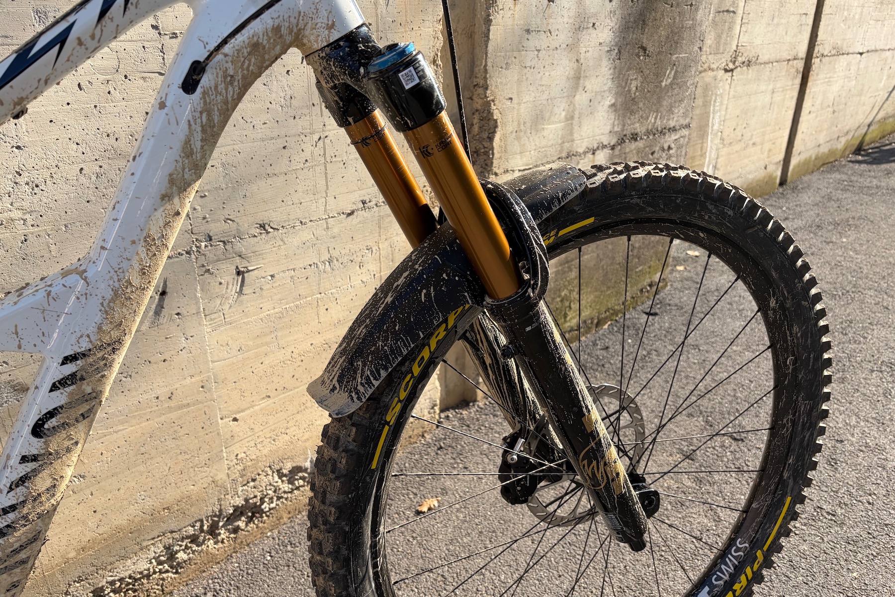 the new fender on my muddy test bike with the Fox 38