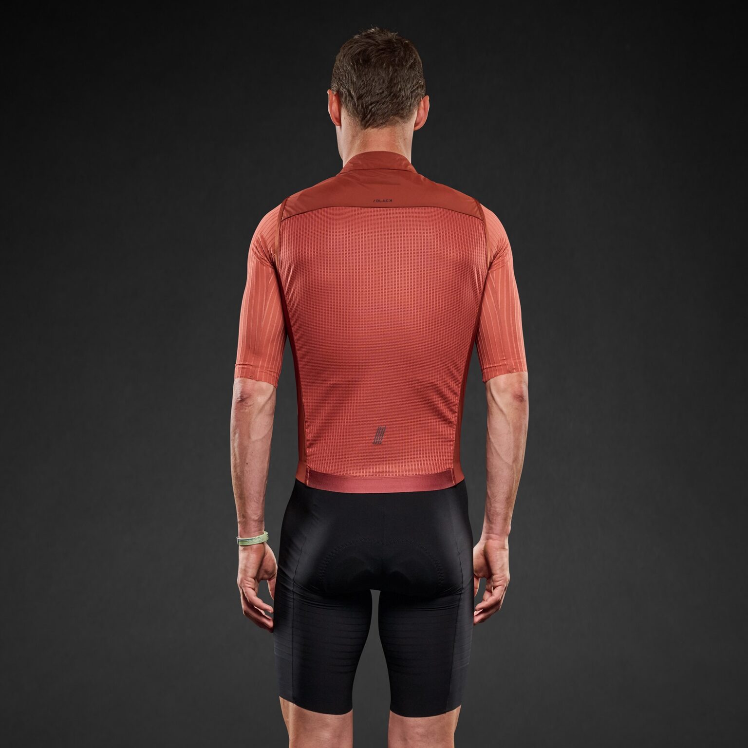 studio image of a man wearing the Pi Black wind vest, viewed from behind.