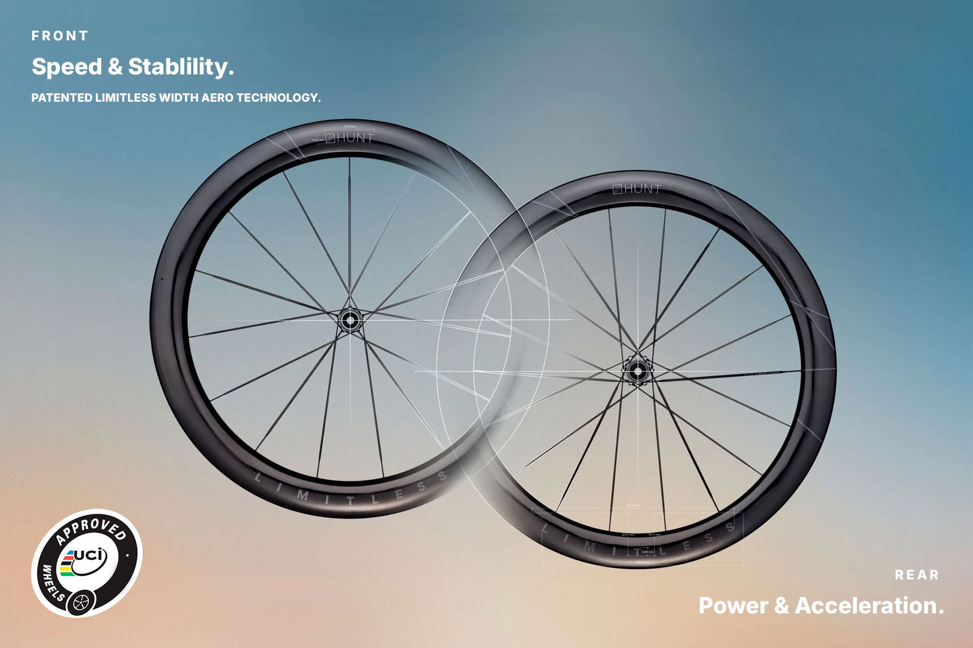 Hunt 5AM Limitless ultralight aero road bike wheels with carbon spokes, UCI-approved