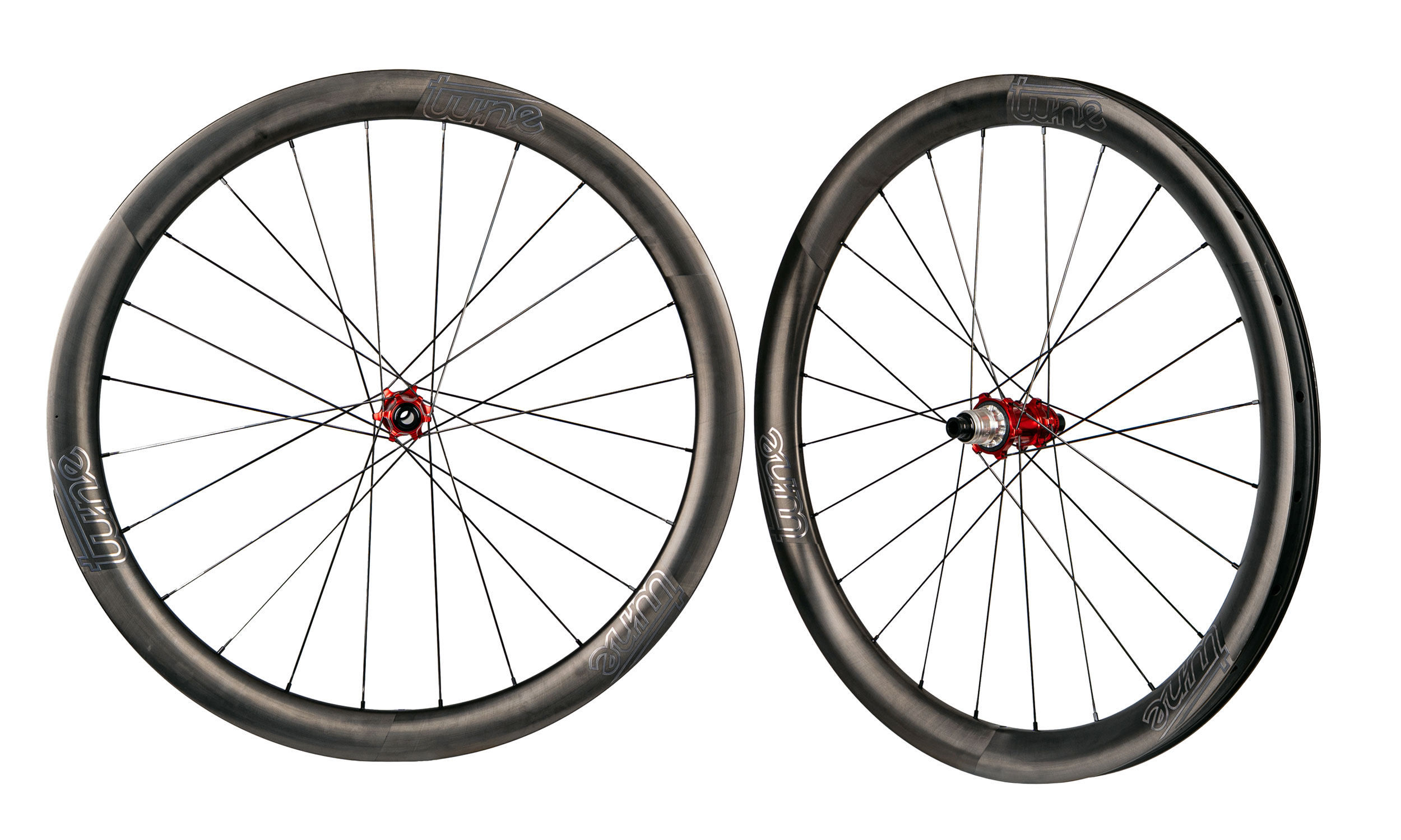 Tune Nano Gravel 45 lightweight all-rounder carbon gravel bike wheels, wheelset with red hubs
