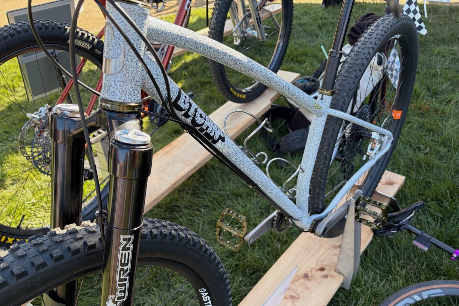 the BTCHN bike at Wolf Tooth viewed from the front at an angle.