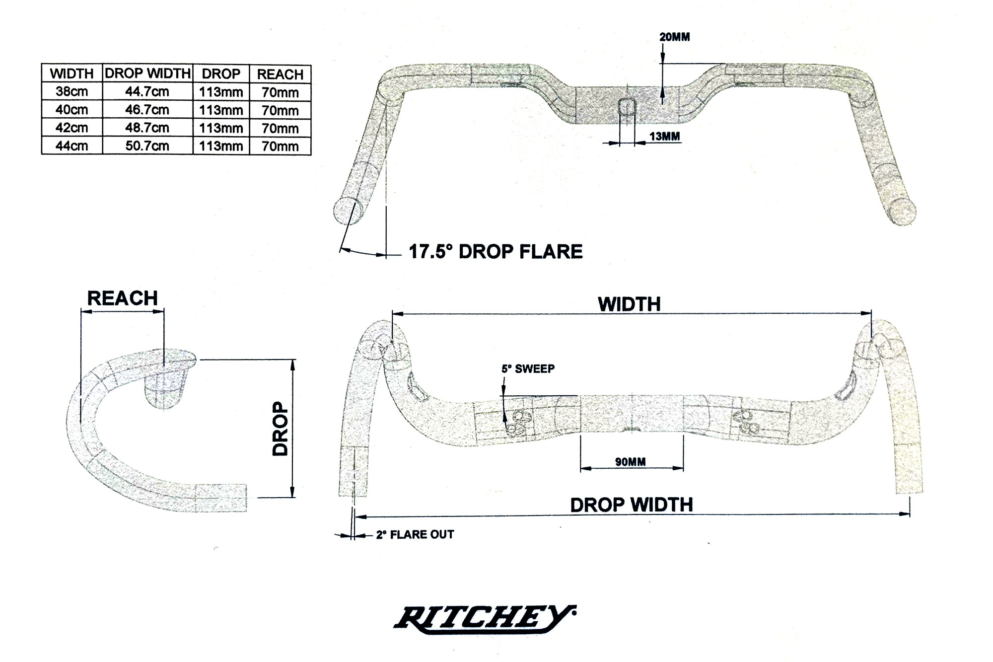 all-new Ritchey SuperLogic ErgoMax flared carbon riser dropbar, dimensions