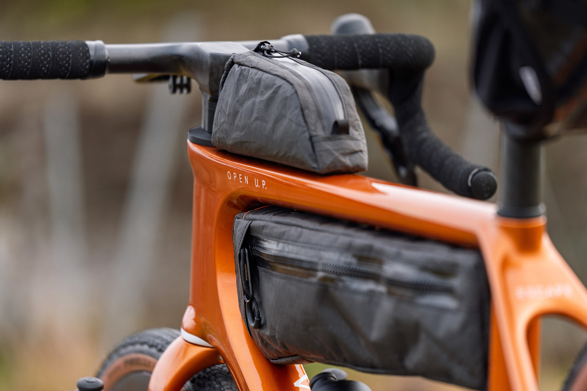 closeup view of framebags on the open up 2 adventure gravel bike.