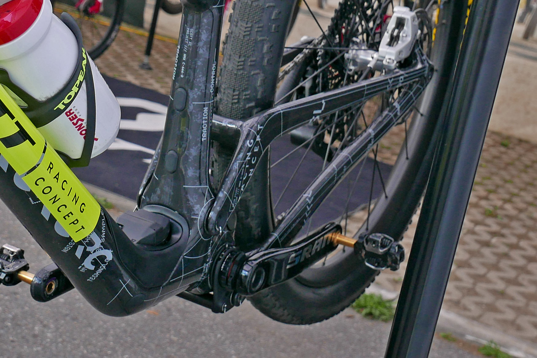 all-new Scott Spark RC prototype XC bike raced at the 2026 Nove Mesto World Cup: new 4-bar lower link detail