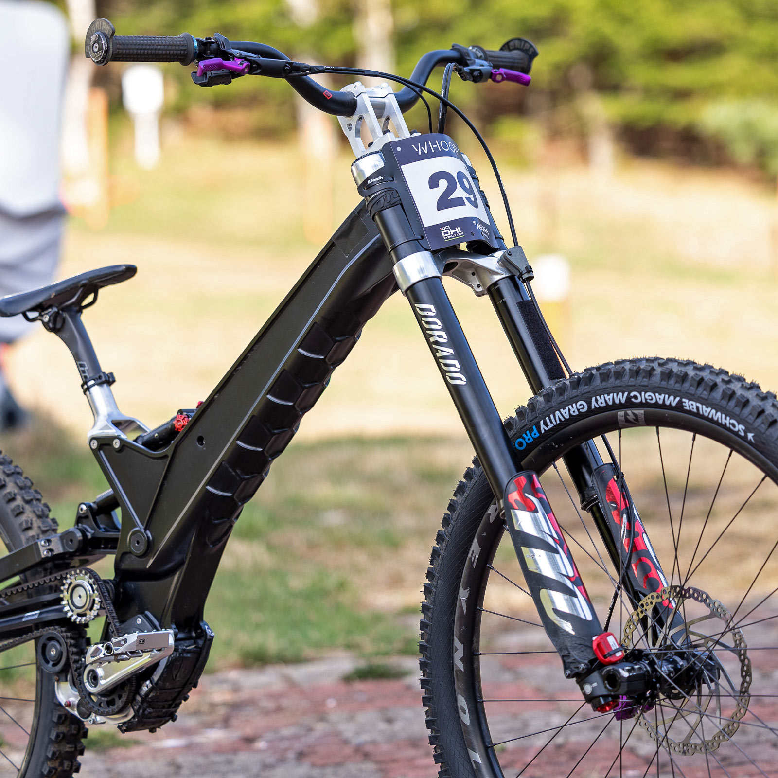 AON Gamux DH Prototype: CNC aluminum belt-drive gearbox downhill race bike, angled front with alloy Manitou Dorado Pro fork