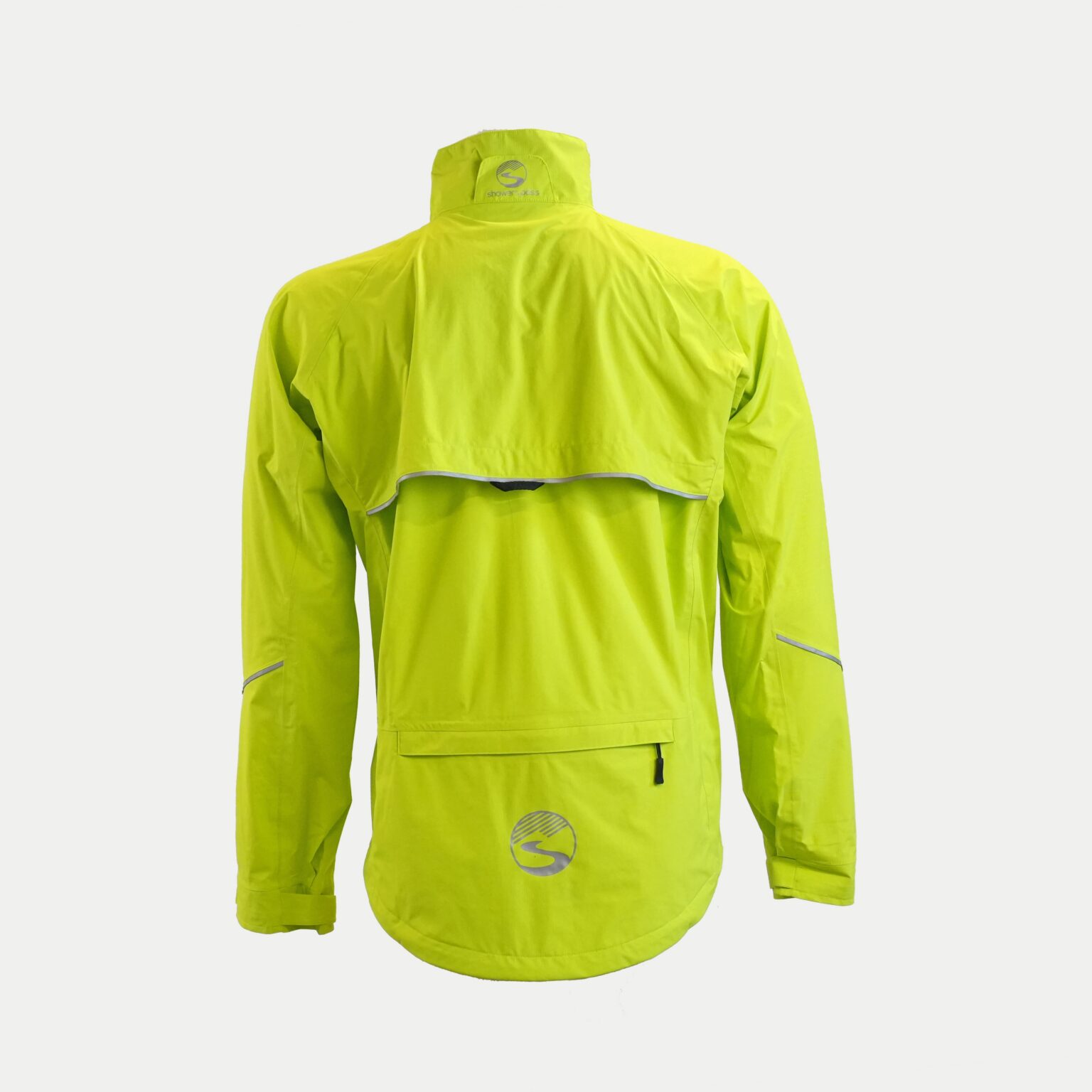 studio image of the men's Shower's Pass century Jacket in leaf green, viewed from the rear.
