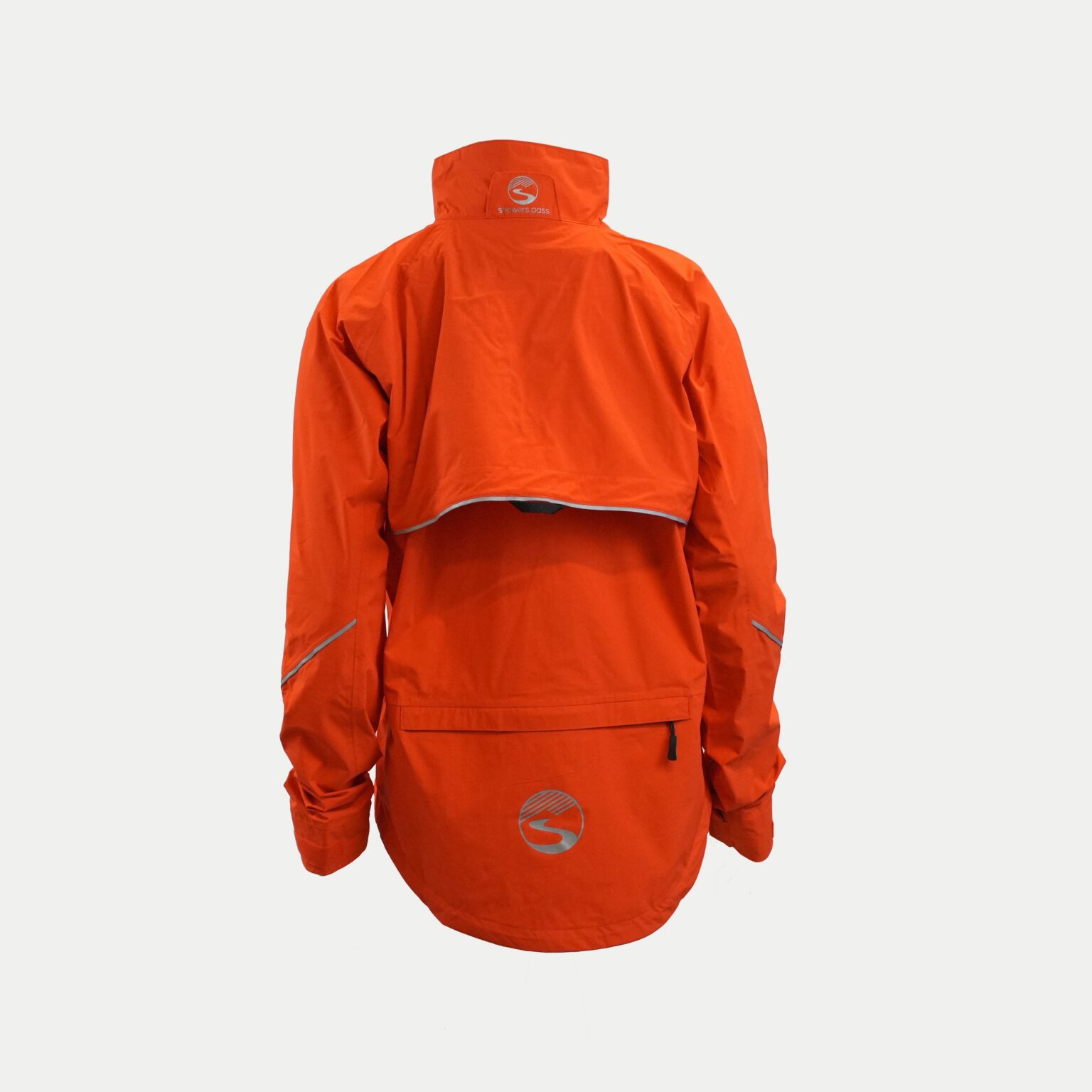 studio image of the women's Shower's Pass century Jacket in firecracker, viewed from the rear.
