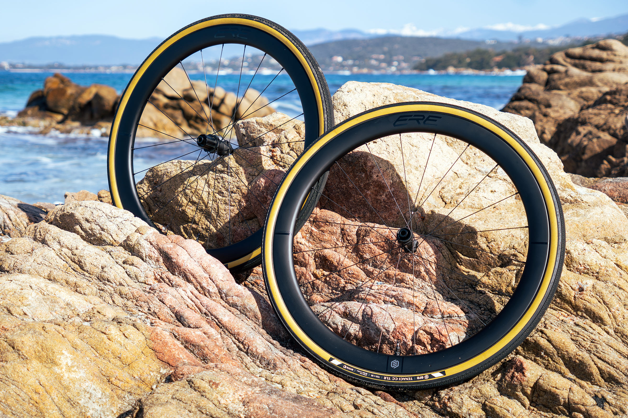 ERE Explorator CCR45 super affordable aero carbon all-road gravel wheels: pari of wheels in Corsica