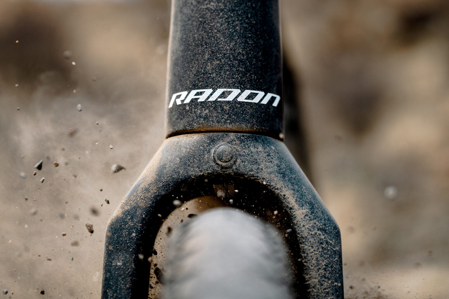 closeup details of radon regard carbon gravel bike fork crown.