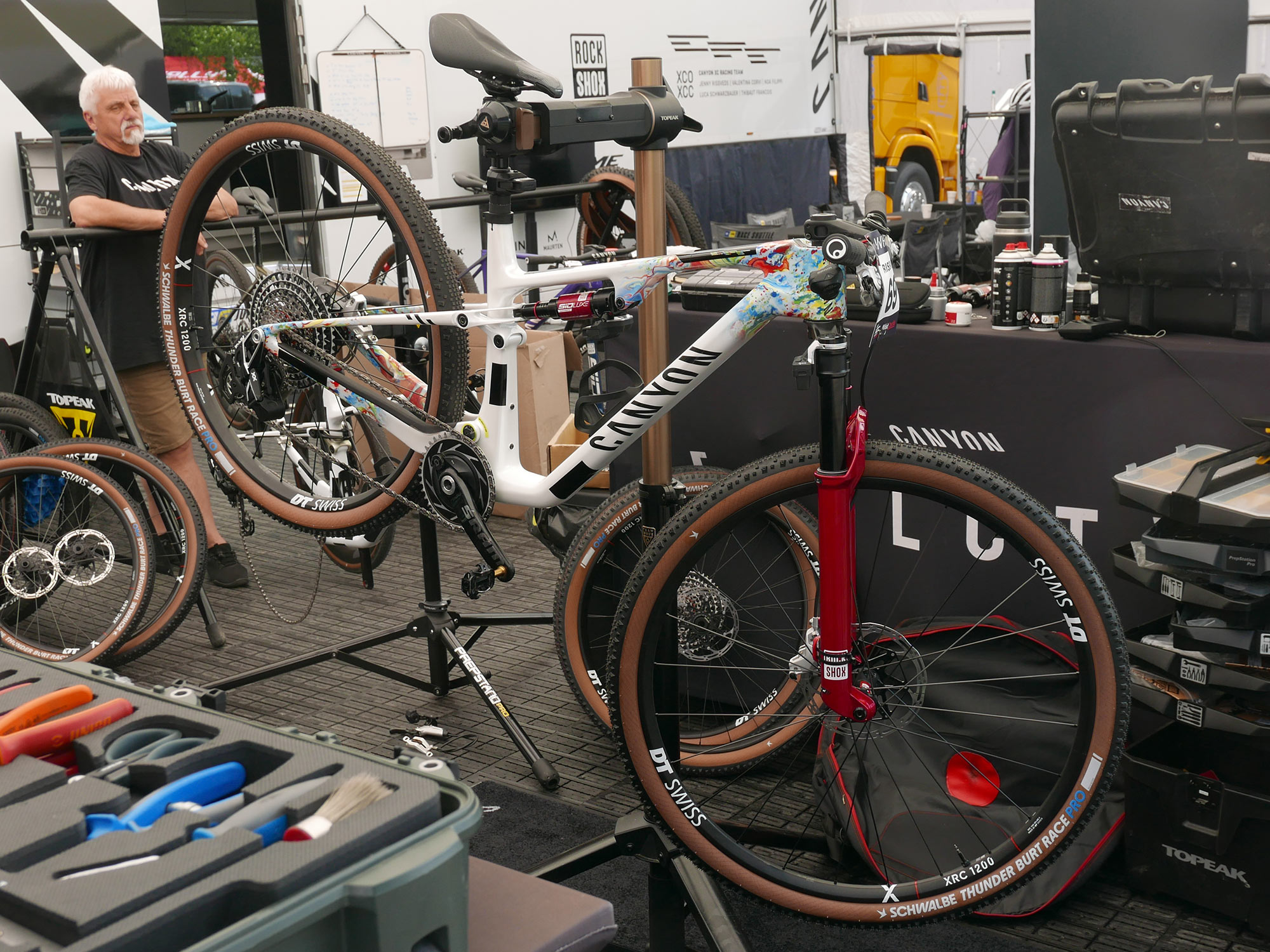 prototype Schwalbe Radial XC tires at the 2026 Nove Mesto World Cup: Jenny Rissved's Canyon XC Racing team Lux WC CFR