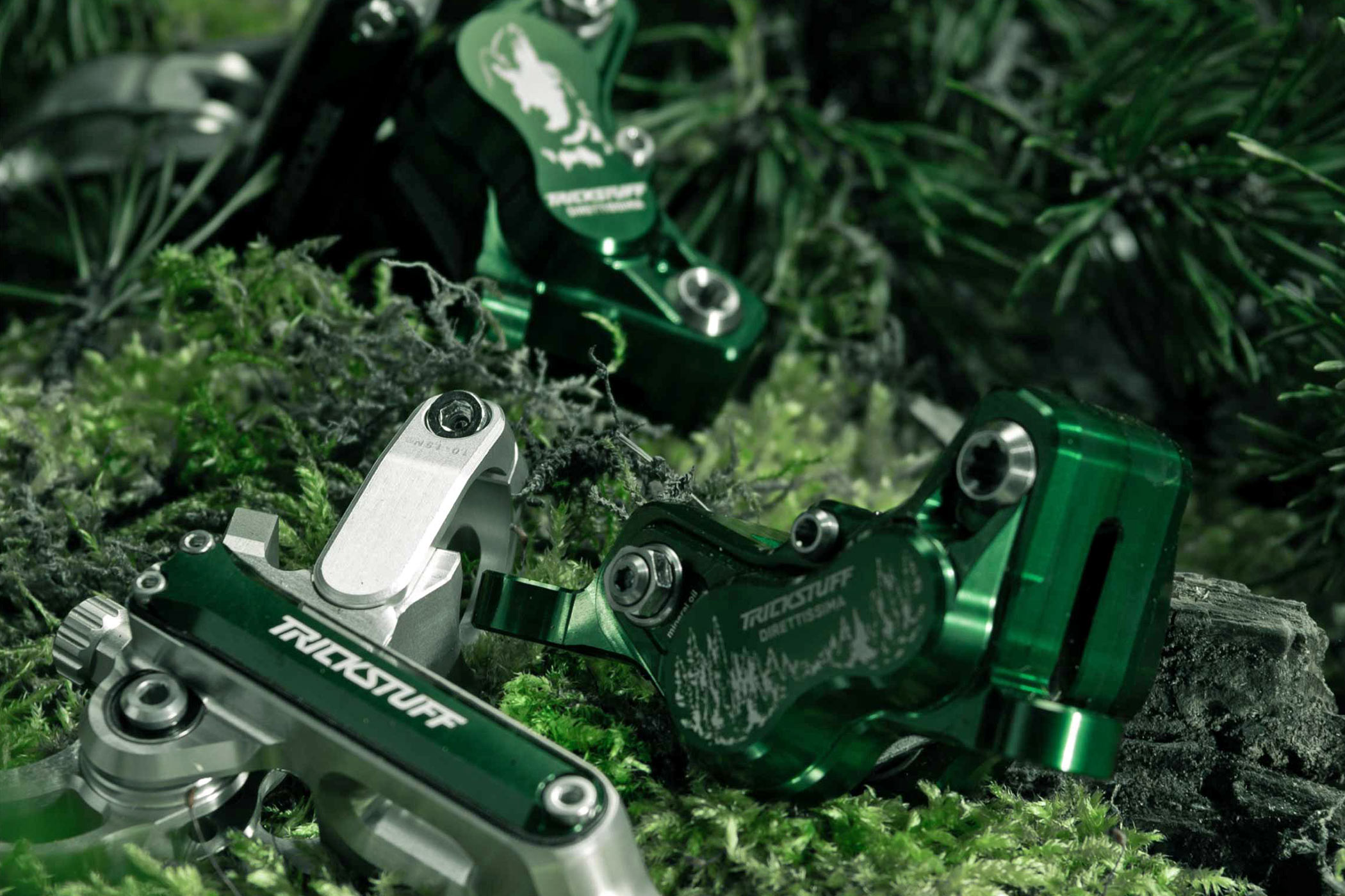 Trickstuff Direttissima Forest Green limited edition special serie mountainbike bremser, tæt på