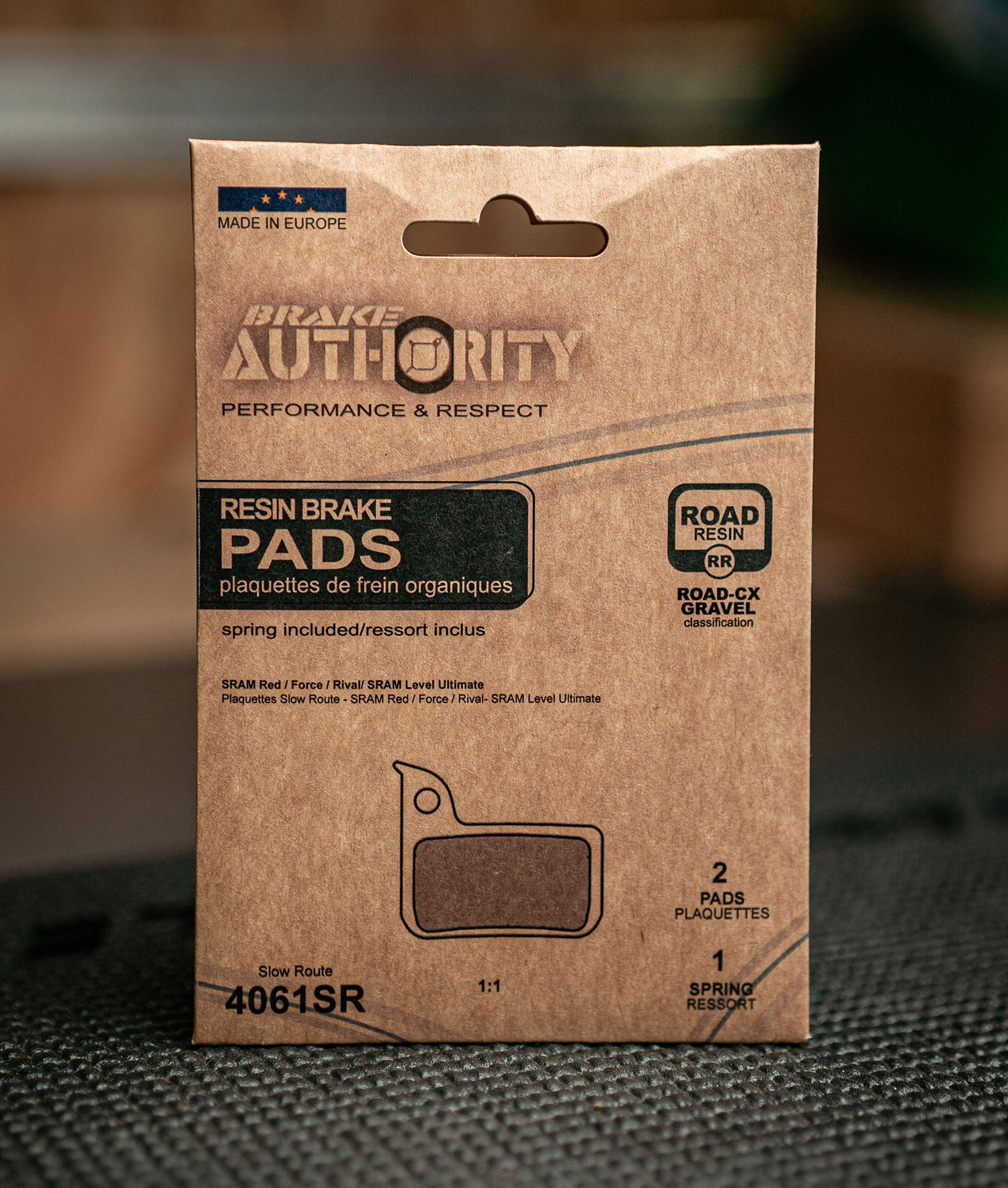brake authority organic resin brake pad in new recyclable packaging.