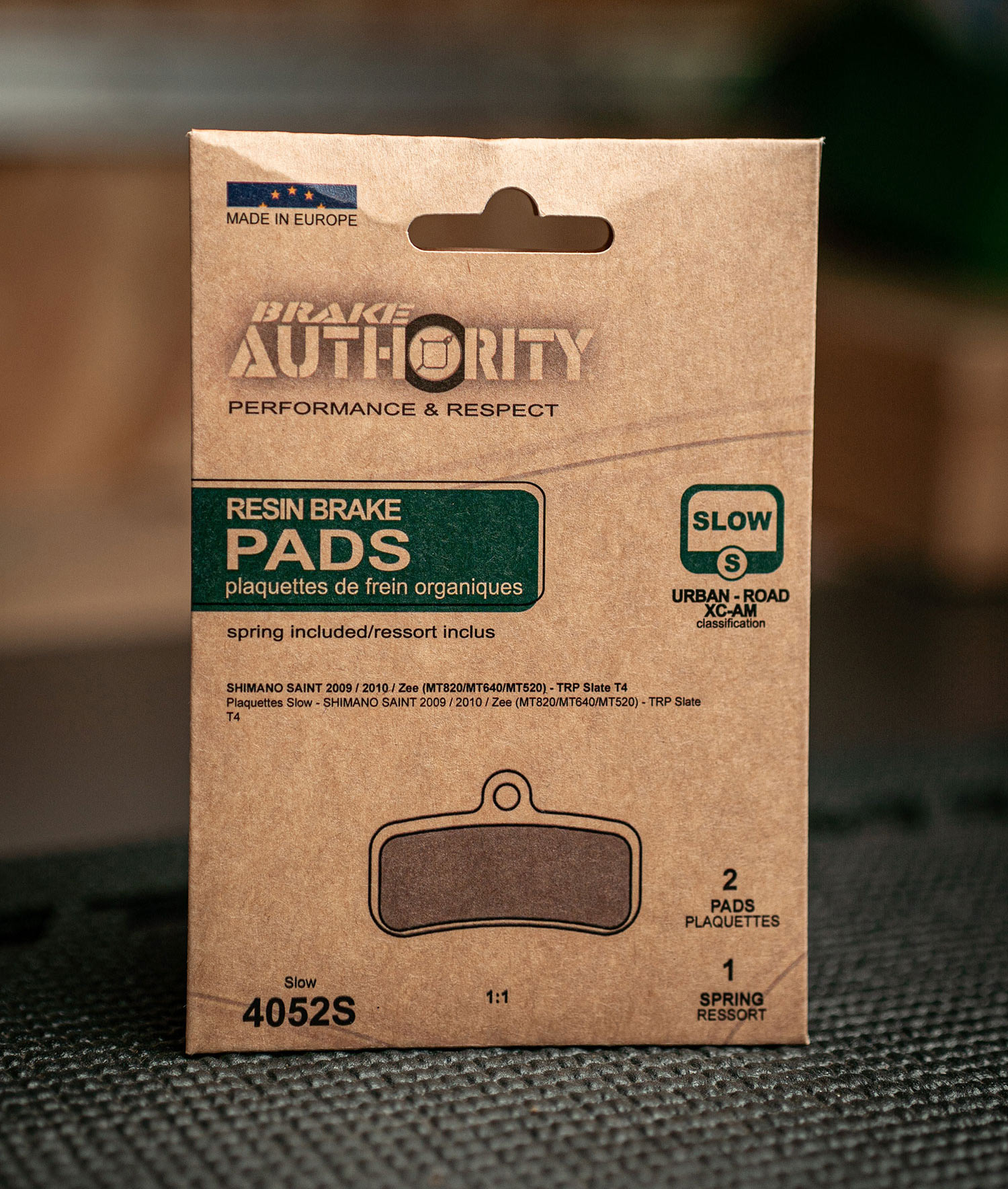 brake authority organic resin brake pad in new recyclable packaging.