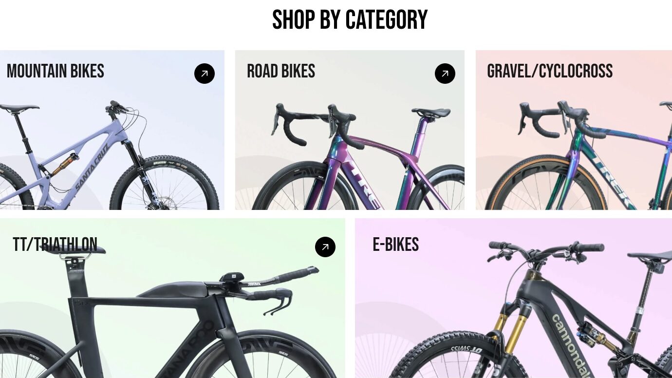 screenshot from the cycle limited website showing the various categories of bikes for sale