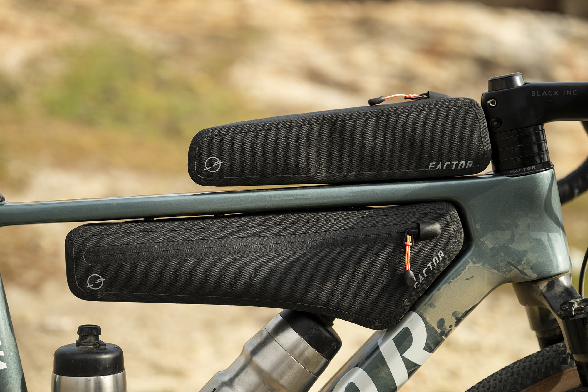 closeup of factor sarana gravel bike front triangle and frame bag mounts.