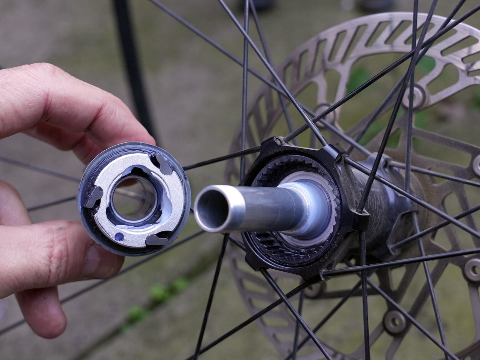 indre freehub-detaljer på omdrejningspunkt hurtige røde carbon grushjul.