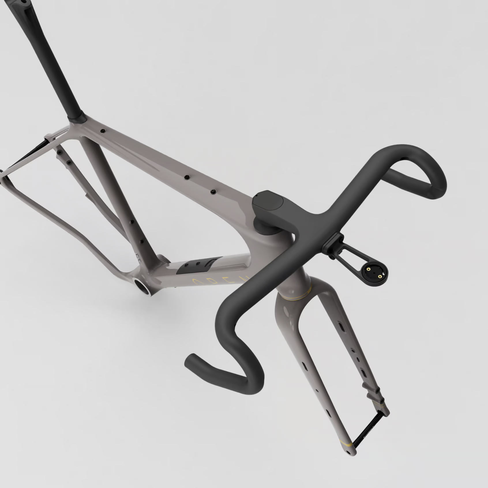 top angle view of open wide gravel bike frameset.