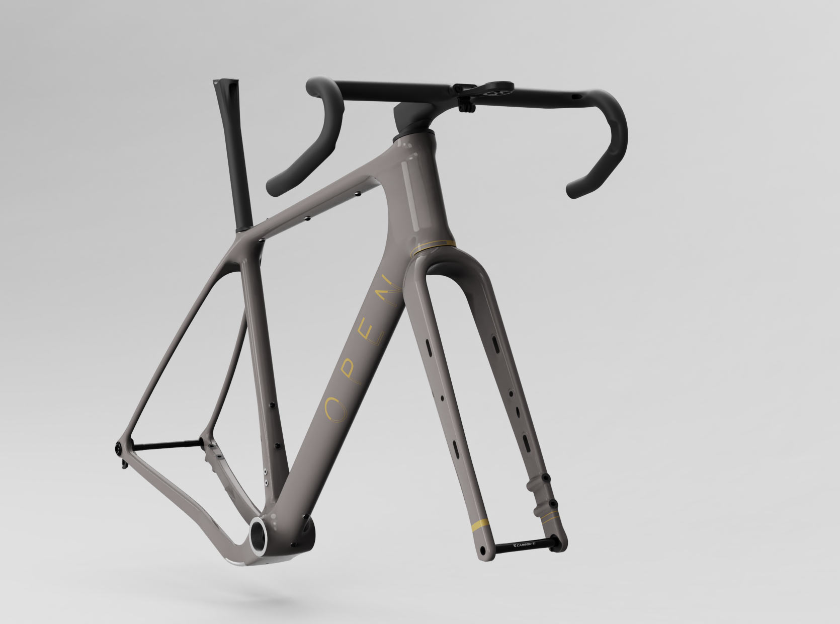 front angle view of open wide gravel bike frameset.