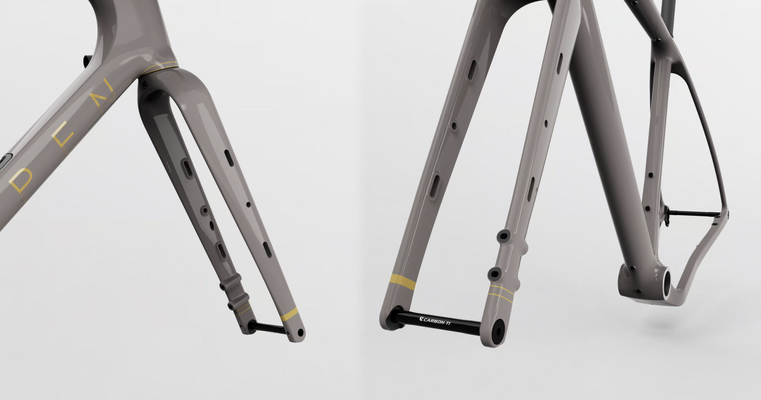 closeup details of open wide gravel bike frame.
