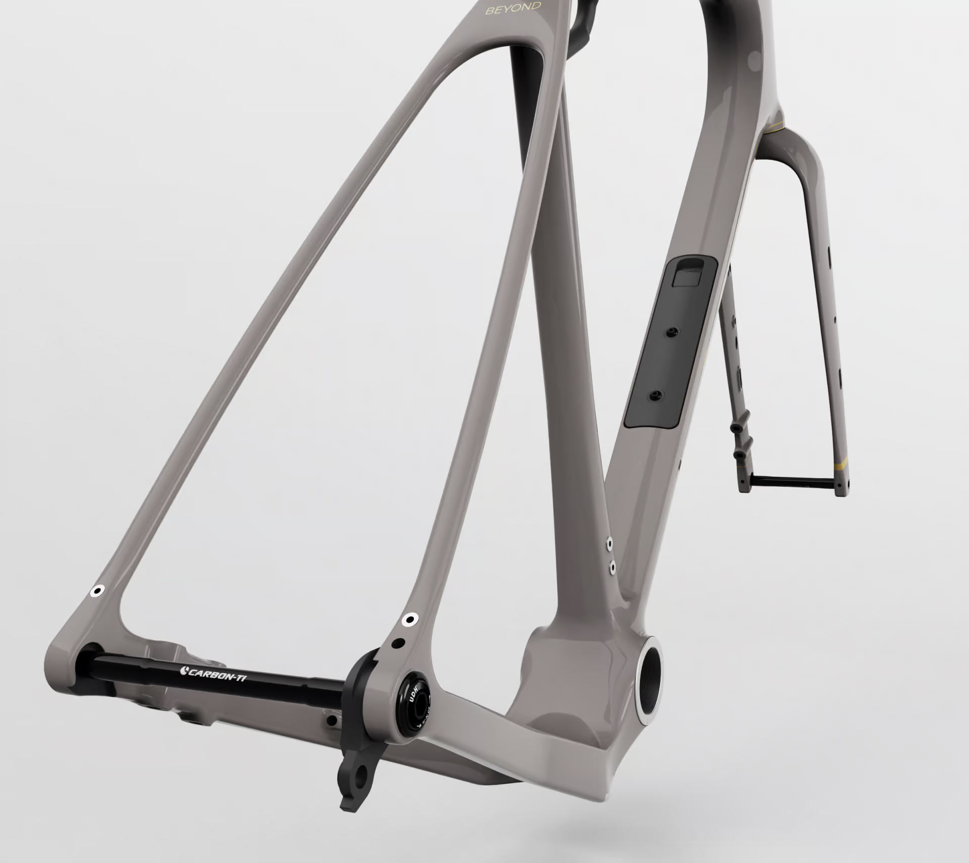 closeup details of open wide gravel bike frame.