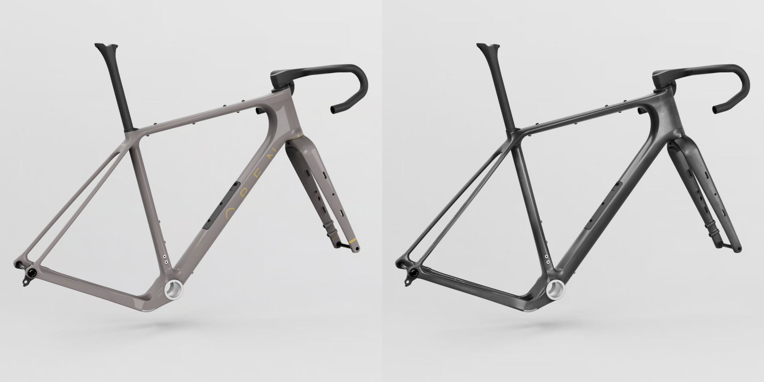 side views of open wide gravel bike frameset showing two color options.