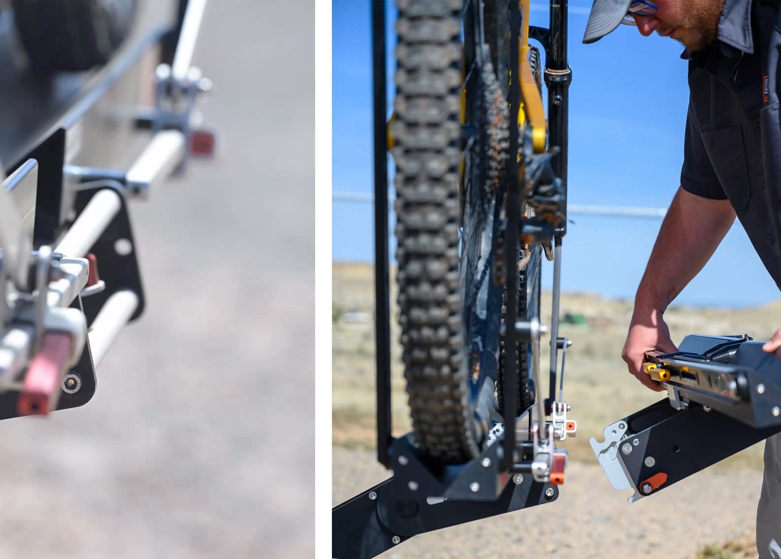 closeup of mounting add-on bike tray on QuikrStuff hitch bike rack.
