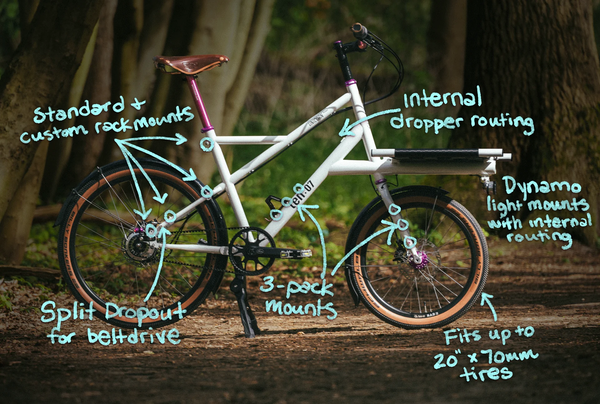 graphic showing key features of ten 07 unicorn pony mini cargo bike.