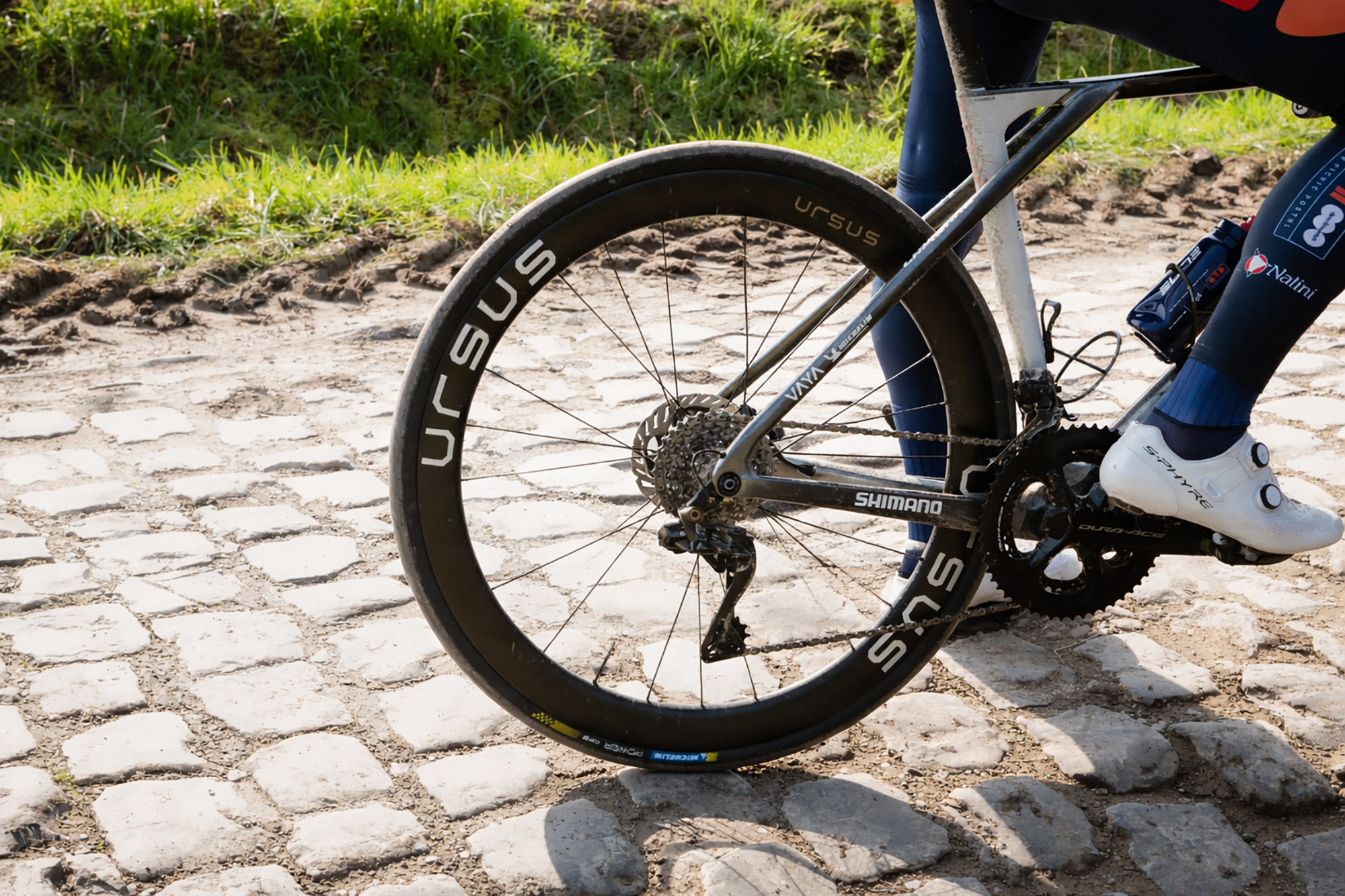 ursus arya g all-road gravel bike wheels with PBO spokes being tested at Paris-Roubaix.