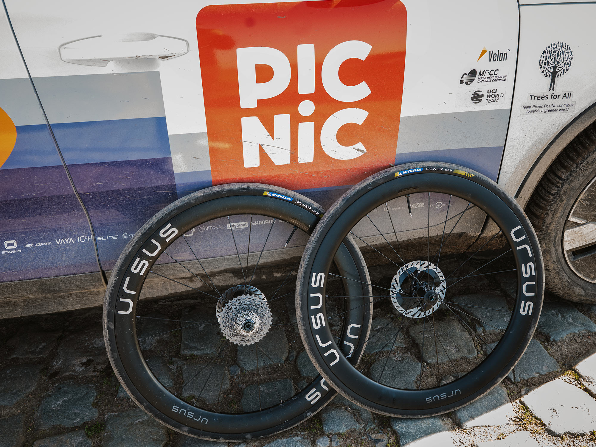 ursus arya g all-road gravel bike wheels with PBO spokes being tested at Paris-Roubaix.