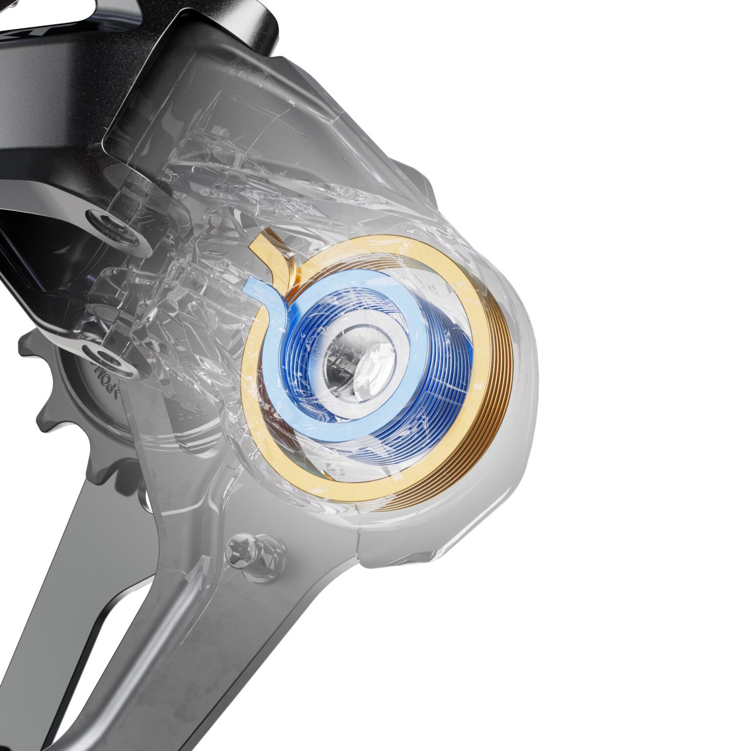 studio image of the XT mechanical  derailleur's dual-spring mechanism