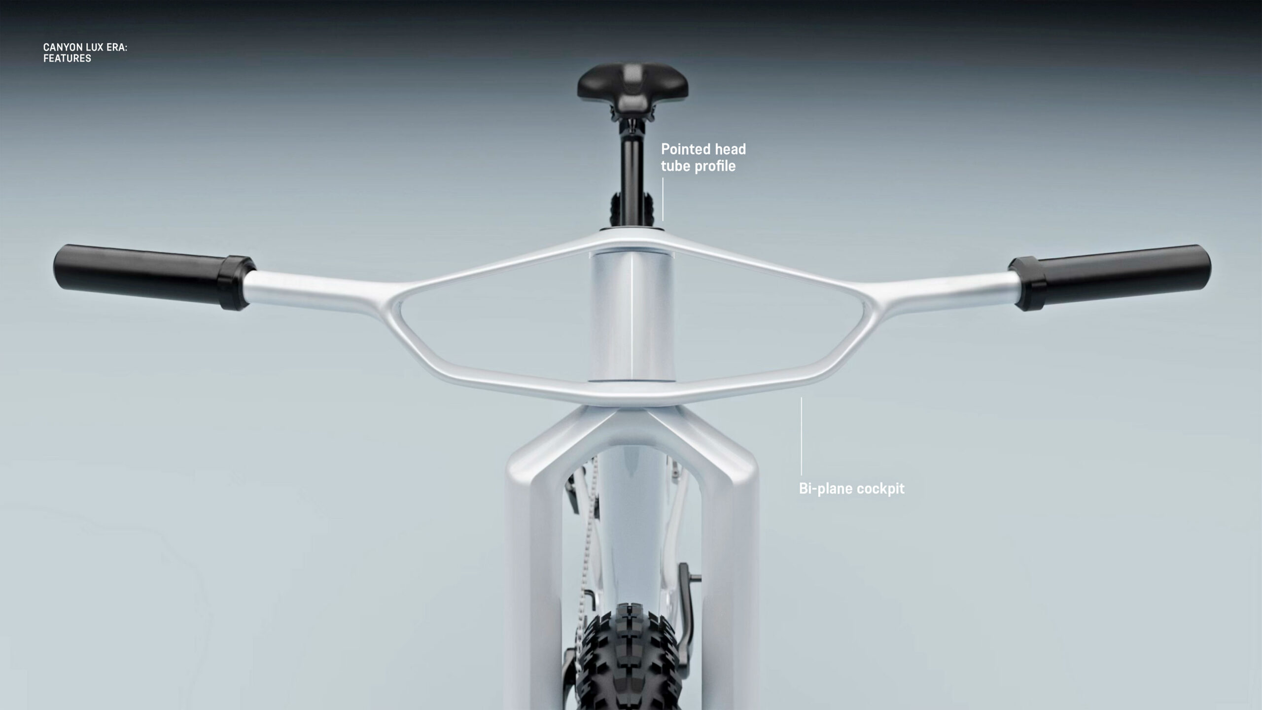 Canyon Lux Era aero 32" XC koncept cykel; langrends mountainbike prototype med biplan vingestyr: set forfra