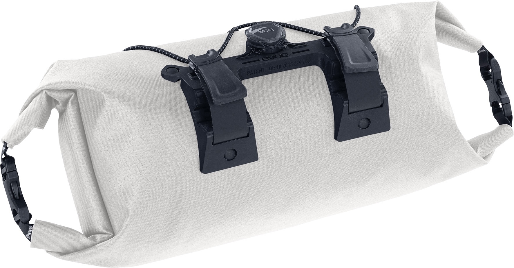 studio image of the rear of the Evoc handlebar pack BOA WP 5 in white